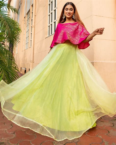 Rani pink and lime green floral jaal off shoulder flared dress by The ...