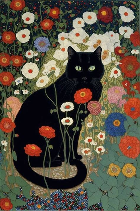 Gustav Klimt Garden Cat Print Klimt Flowers Cat Poster Black - Etsy in 2023 | Art painting, Art ...