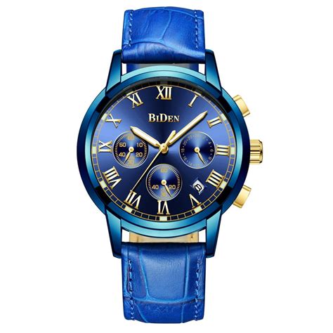 ESS - Mens Quartz Watch Blue Face Leather Strap 3 Dials Design Unique Gift Date Ultra-Thin for ...