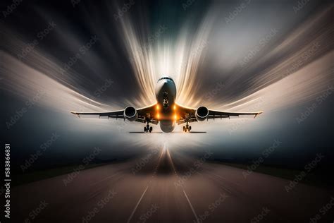 Abstract passenger plane taking off in motion blur. Generative AI illustration Stock ...