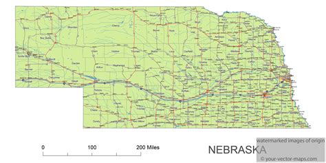 Nebraska state route network map. Nebraska highways map. Cities of Nebraska, main routes, rivers ...