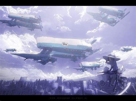 1366x768 resolution | white and green airship illustration, machine, anime, science fiction ...