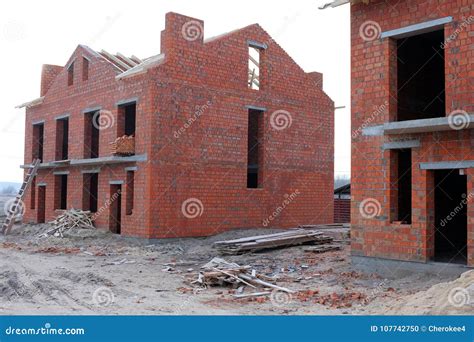 Unfinished Brick House Construction, Still Under Construction. Unfinished Roof Under ...