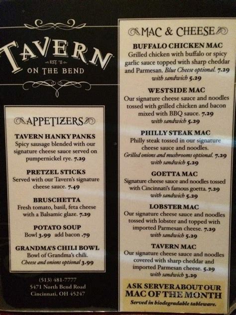 Menu of Tavern On The Bend in Cincinnati, OH 45247