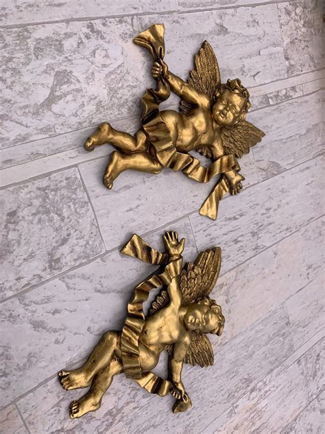 Vintage Gold Cherub Wall decor, Golden Angels wall Plaques, Angel Figurines Hollywood Regency