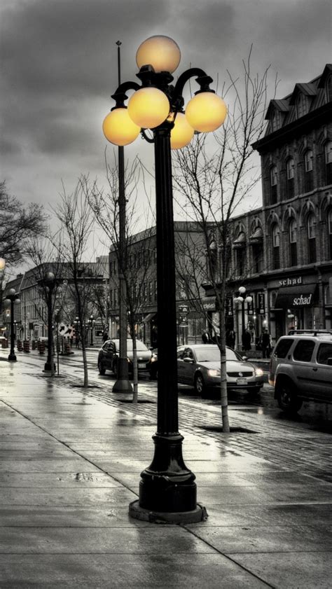 Street City Evening Black White Lights Buildings iPhone Wallpapers Free Download