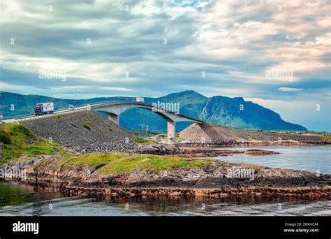 The iconic Storseisundet bridge, the longest of the eight bridges that make up the Atlantic Road ...