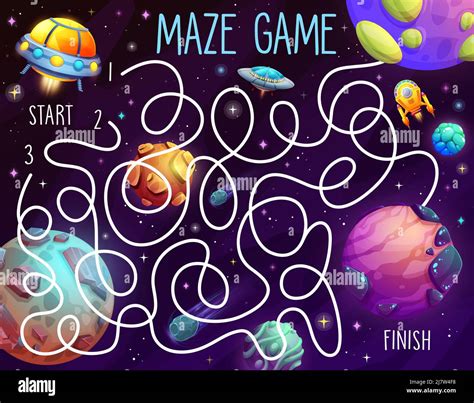 Cartoon space galaxy planets, ufo and alien starships labyrinth maze ...