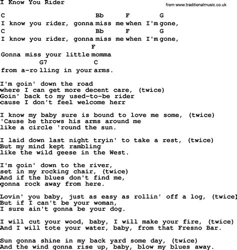 Top 1000 Folk and Old Time Songs Collection: I Know You Rider - Lyrics with Chords and PDF