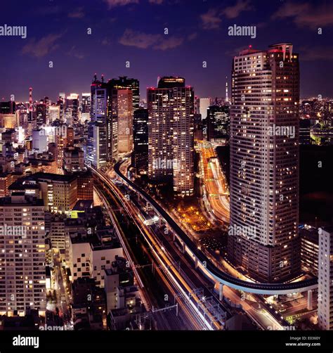 License available at MaximImages.com - Tokyo city aerial nighttime view with illuminated ...