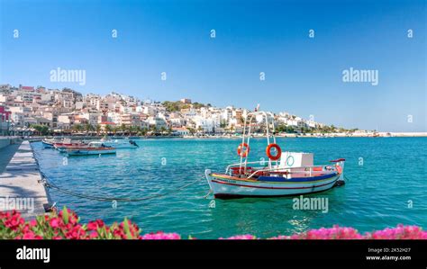 Sitia, Crete, Greece; October 4, 2022 - Fishing boats moored at the harbour, Sitia, Crete ...