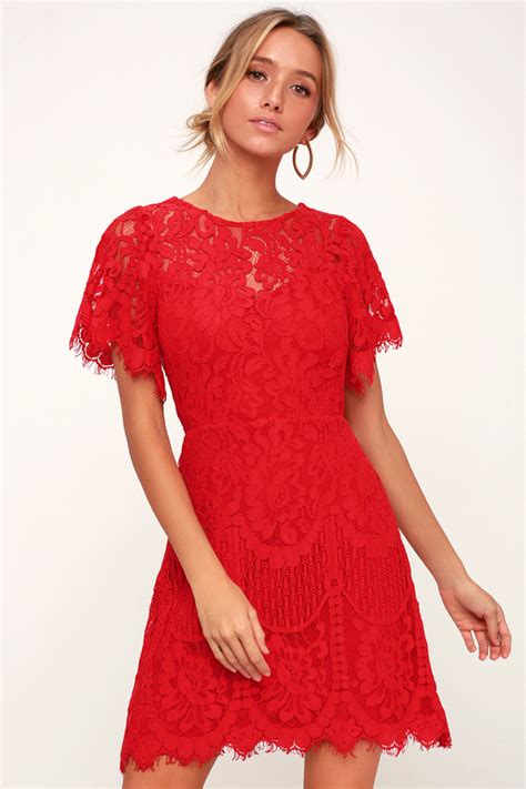 Lovely Red Dress - Lace Dress - Short Sleeve Dress - Red Sheath - Lulus