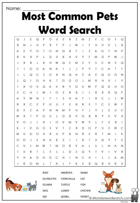 Most Common Pets Word Search- Monster Word Search