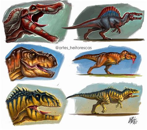 four different types of dinosaurs with their mouths open