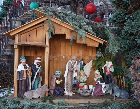 Christmas Nativity Scene with Three Wise Men Presenting Gifts To Baby Jesus, Mary and Joseph ...