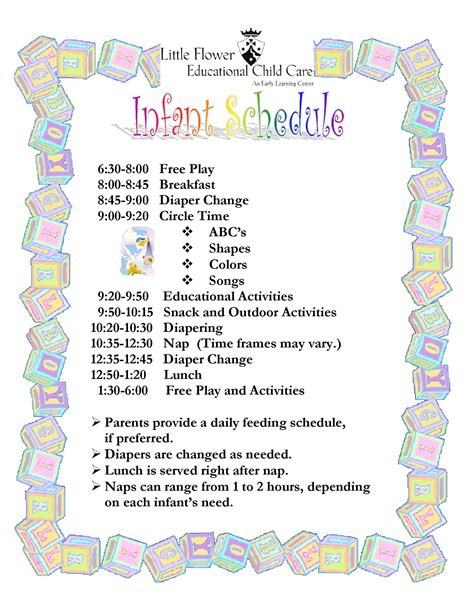 Infant Daily Schedule For Daycare | Daily Agenda Calendar ... | Infant daycare, Daycare schedule ...