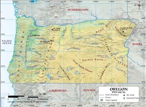 Oregon Physical Map showing Geographical / Physical Features with Rivers and Landforms