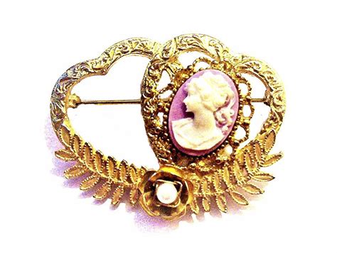 Vintage Pink Cameo Brooch Pin, Double Heart Setting, Pink Resin Cameo Brooch, Left Facing Woman ...