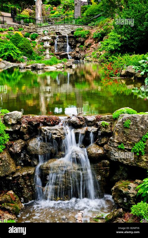 Cascading waterfall and pond in japanese garden Stock Photo - Alamy