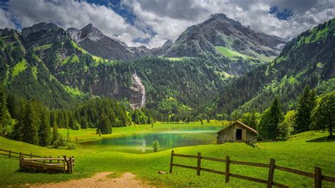 Alps Fence Forest Lake Switzerland Waterfall 4K Nature HD desktop wallpaper : Widescreen : High ...