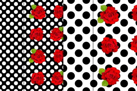 Polka dot pattern. Red roses on black white background