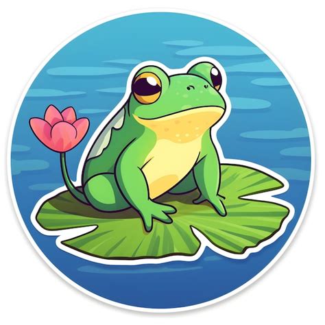 Premium Photo | A cartoon frog sits on a lily pad with a pink flower on it.