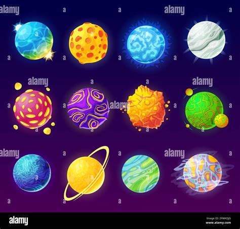 Fantasy planet. Cartoon fantastic alien planets, colorful magic worlds. Space galaxy universe ...