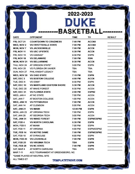 Printable 2022-2023 Duke Blue Devils Basketball Schedule