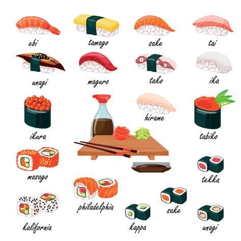 Asianfood. Big Set With Different Types Of Sushi, Rolls, Nigiri, Gukans, Sauce. 17106355 Vector ...