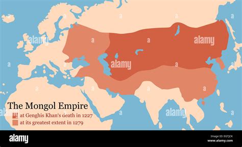 Mongol Empire map at Genghis Khan's death in 1227 and at its greatest extent in 1279 Stock Photo ...