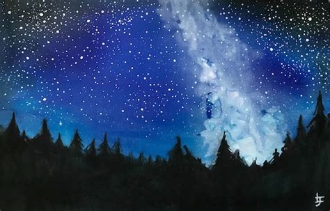 Night Sky // Original Watercolour Painting Starry Sky Forest | Etsy