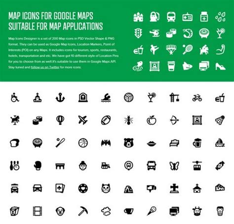 200 Free Vector Map Icons for Google Maps API - http://www.webiconset.com/map-icons/ | Map icons ...