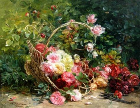 a painting of flowers in a basket on the ground next to other flowers and plants