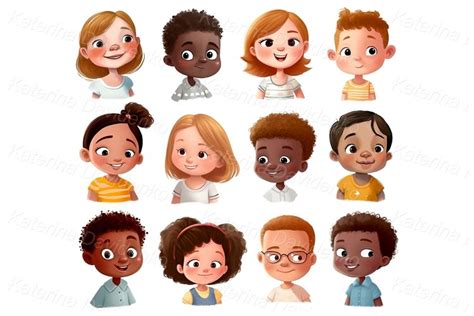 Collection cute cartoon kids faces avatars PNG child clipart