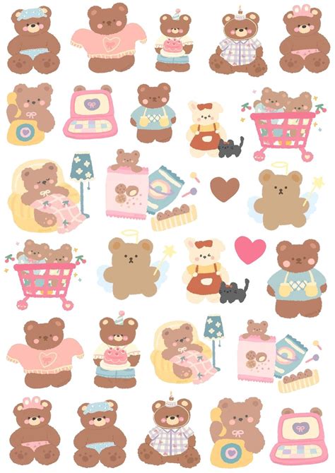 Aesthetic sticker pack template korean printable cute bear in our heart – Artofit