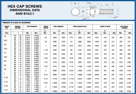 Hex Bolt Dimensions & Hex Cap Screw Dimension Chart