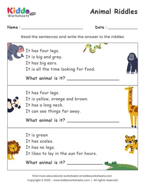 Free Printable Animal Riddles Worksheet - kiddoworksheets | English worksheets for kids, Animal ...