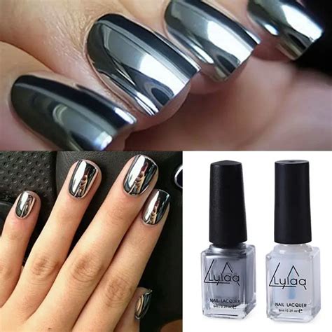 2Pcs Gloss Effect Chrome Metallic Silver Nail Art Varnish Polish Base Coat Gel-in Nail Polish ...