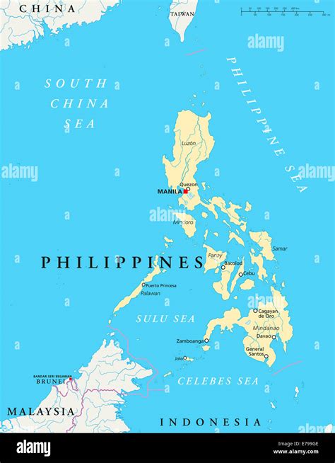 Philippines Political Map with capital Manila, national borders, most important cities, rivers ...