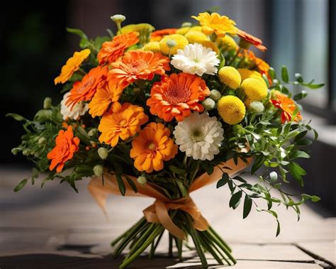 Premium AI Image | bouquet showcasing a medley of orange and yellow marigolds