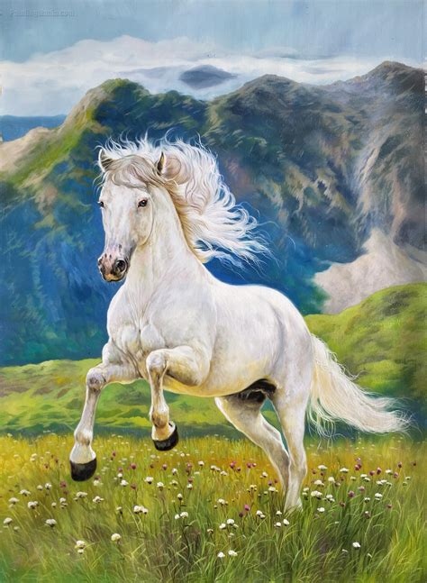 The White Horse Galloping on the Prairie - Horses - Animals Paintings