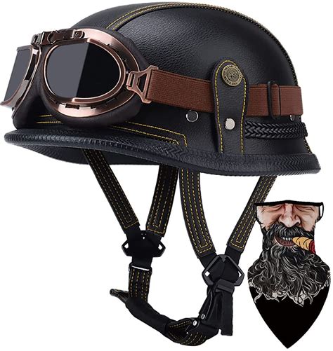 Buy HALYINGMotorcycle Retro Half Helmet German Style Leather Half Face Helmet, DOT Approved Men ...