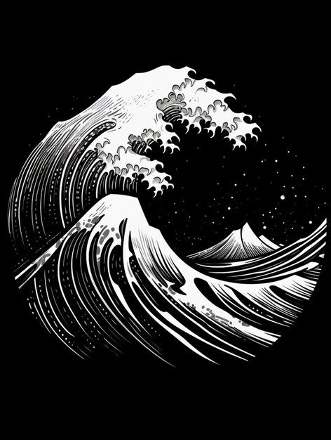 Premium AI Image | a black and white drawing of a wave with a sky background generative ai