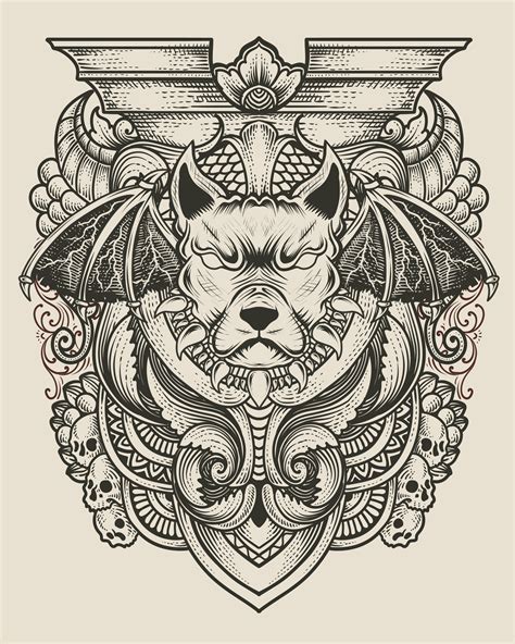 Demon dog with antique engraving ornament 25745781 Vector Art at Vecteezy