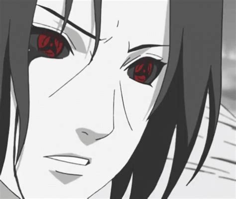 an anime character with red eyes and long black hair, staring at the ...