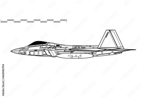 Lockheed Martin F-22 Raptor. Vector drawing of air superiority stealth fighter. Side view. Image ...