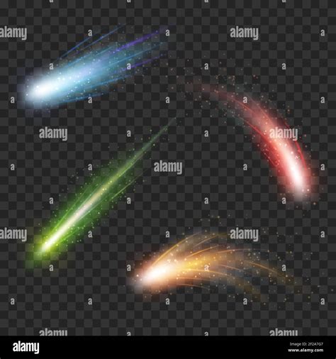 Color vector meteor and comet on transparent plaid background. Fall star in space, fantasy ...