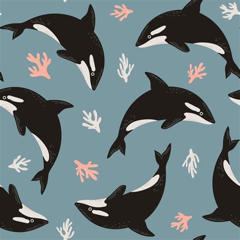 Seamless cute pattern orca or killer whale and corals. Undersea illustration for kids design ...