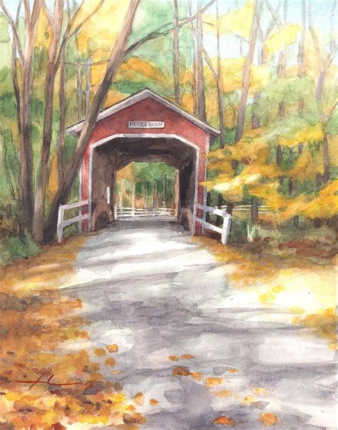 Covered Bridge Autumn Shadows Watercolor Painting Drawing by Mike Theuer