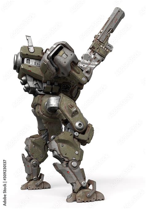 Sci-fi mechanical mech soldier standing with assault gun in one hand. Concept art of military ...